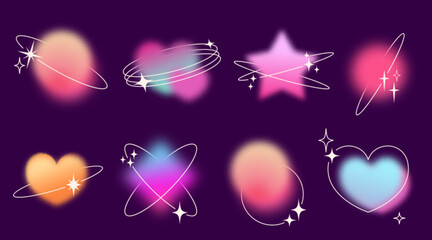 Poster - Y2k gradient shape set with orbital rings and sparkles - blurred circles, hearts and stars pastel forms. Soft glow effects with dreamy aesthetic for nostalgic digital art and retro futuristic graphic.