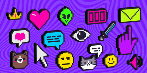Fototapete - Retro pixel icons with 3d effect on purple wavy background - emoticon faces, hearts and crown, skull, sword and mail envelope, chat bubbles and cursor hand, bear avatars for gaming interfaces.