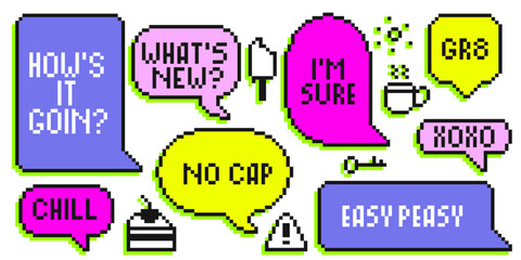 Poster - Bright pixel speech bubbles in neon colors - colorful dialogue boxes with casual text messages, sparkle effects, cake icon for retro gaming chat, streaming overlays or digital communication interface