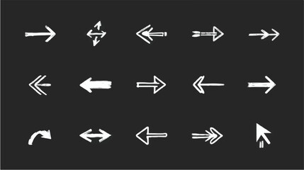 Fototapete - Collection of doodle arrow icon, modern flat arrow mark, brush stroke arrow symbol paint, hand drawn chalk pencil pointer and computer cursor for web design technology and navigation app business