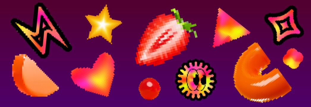 Neon y2k brutalism elements with pixel art - glowing gradient shapes, shimmering star, strawberry fruit, geometric shape symbols. Retro digital aesthetic for vaporwave graphic or nostalgic web design