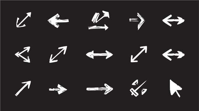 Collection of doodle arrow icon, modern flat arrow mark, brush stroke arrow symbol paint, hand drawn chalk pencil pointer and computer cursor for web design technology and navigation app business