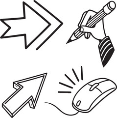 Fototapete - Collection of doodle arrow icon, modern flat arrow mark, brush stroke arrow symbol paint, hand drawn chalk pencil pointer and computer cursor for web design technology and navigation app business