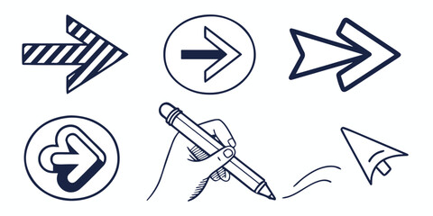 Fototapete - Collection of doodle arrow icon, modern flat arrow mark, brush stroke arrow symbol paint, hand drawn chalk pencil pointer and computer cursor for web design technology and navigation app business 