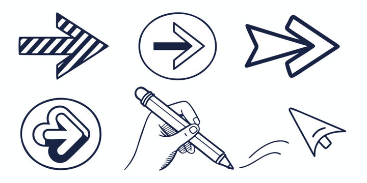 Collection of doodle arrow icon, modern flat arrow mark, brush stroke arrow symbol paint, hand drawn chalk pencil pointer and computer cursor for web design technology and navigation app business 