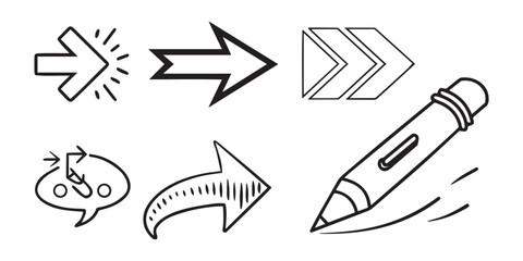 Fototapete - Collection of doodle arrow icon, modern flat arrow mark, brush stroke arrow symbol paint, hand drawn chalk pencil pointer and computer cursor for web design technology and navigation app business
