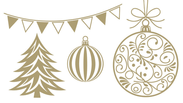set of white and gold realistic christmas decorati