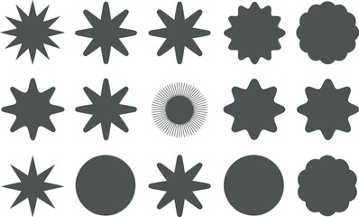 Poster - An array of geometric shapes including stars circles and sunbursts on a light gray background design pattern