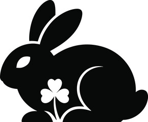 Poster - A black rabbit silhouette with a shamrock on a white background in a minimalist design style art