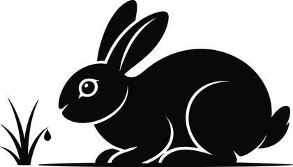 Poster - A stylized black rabbit sitting near grass with a single water droplet in a minimalist design style