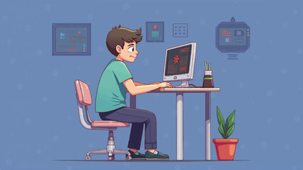 Child at computer. Cartoon boy learning at desk with laptop. Online education, e-learning technology learning, e-learning web element learning. Vector cartoon design illustration