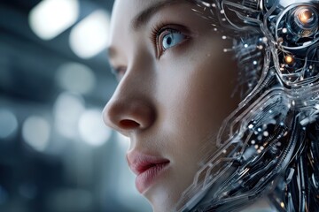 Poster - Futuristic close-up of a humanoid robot blending technology and humanity in a modern setting
