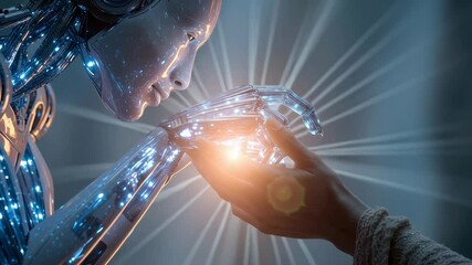 Aufkleber - A robot is touching a cell phone with its hand. The robot is made of metal and has a glowing light on its finger. The scene is futuristic and gives off a sense of technology and innovation