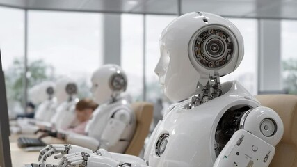 Aufkleber - A robot is sitting at a desk with a keyboard and mouse. The robot is white and has a human-like face. The robot is surrounded by other robots, all of which are white