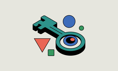 Poster - Isometric Key with Eye Illustration for Digital Security, Insight, and Solution Concepts