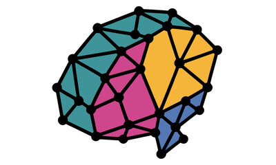 Poster - Colorful Abstract Polygonal Brain with Connected Nodes and Geometric Shapes