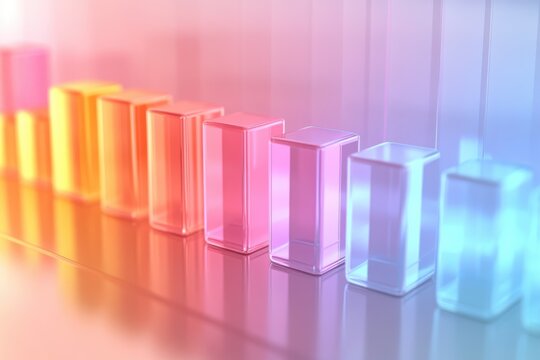 Abstract gradient color translucent blocks arranged in a row with reflective surface