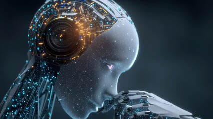 Aufkleber - A robot with a finger pointing to a glowing eye. The robot is made of metal and has a futuristic appearance. The glowing eye suggests that the robot is intelligent and has a sense of curiosity