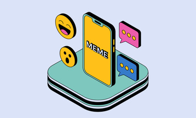 Poster - Digital Meme Culture Concept: Isometric Smartphone with Emojis and Chat Bubbles