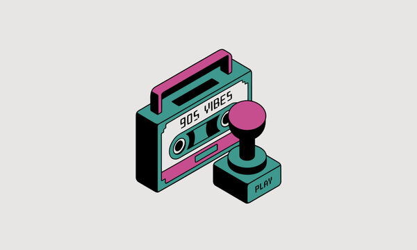 Cassette Tape and Joystick Representing 90s Nostalgia, Isometric Illustration, Retro Gaming Concept with Copy Space