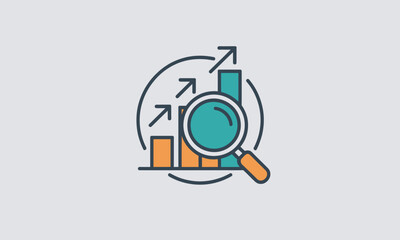 Poster - Magnifying glass analyzes growth, showing increasing bar chart in a positive business environment, with line art style and teamwork concept