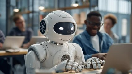 Poster - A robot is sitting at a desk with a laptop in front of it. The robot is smiling and he is happy. The scene suggests a futuristic or technological setting, where robots and humans coexist