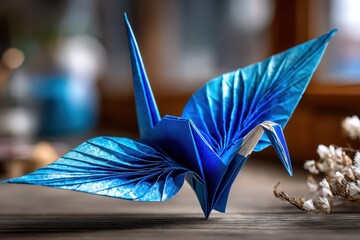 Poster - Blue origami crane with intricate design resting on a wooden table in a cozy environment
