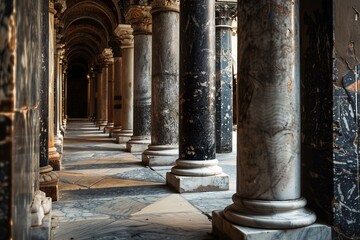 Poster - Sunlight illuminating marble columns inside an old building, creating a beautiful perspective