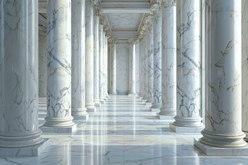 Poster - Sunlight illuminating shiny marble floor in elegant hallway with rows of columns supporting high ceiling