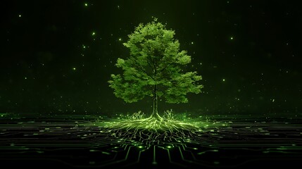 Poster - Luminous Green Tree: Digital Nature and Technology Synergy