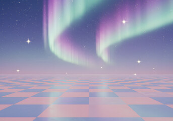 Fototapete - Digital Aurora Borealis Illustration with Checkerboard Ground, Stars, and Abstract Sky