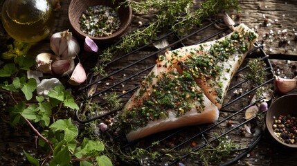 Aufkleber - An overhead shot of a fish steak marinated in herbs and spices, resting on a grilling rack, ready to be cooked, with fresh ingredients scattered around.