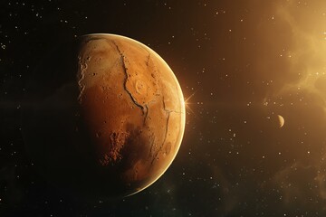 Wall Mural - planet mars rotating in the solar system with its moon phobos partially visible