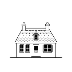 Fototapete - Charming Cottage House: A simple line art illustration depicts a quaint cottage with a wavy roof, two chimneys, and charming windows, set against a white background.