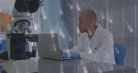 Poster - Scientist opening laptop and typing commands for binary data research, scanning microscope in lab