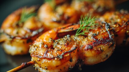Aufkleber - A close-up of charred large shrimp skewered on a stick, glistening with seasoning, capturing the juicy texture and smoky flavor of grilled seafood.