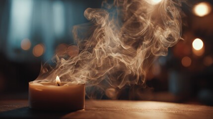 Poster - A close-up of smoke rising from a candle that has just been blown out, with soft ambient lighting in the background adding a serene atmosphere