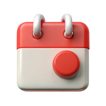 Stylized red and white calendar icon with a circular button isolated on transparent background