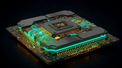 Glowing processor on dark background, neon circuits