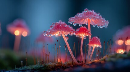 Fototapete - A fairy-tale-like scene with glowing mushrooms covered in tiny water droplets