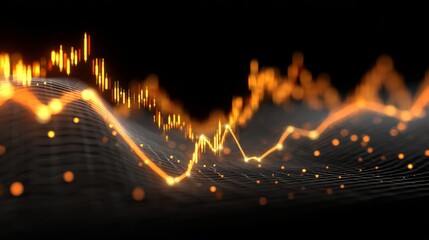 Poster - A futuristic digital financial graph with glowing lines and markers, illustrating the movement of stocks and market performance against a dark backdrop.