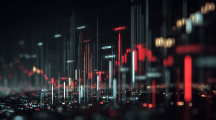 Poster - A futuristic digital financial graph with glowing lines and markers, illustrating the movement of stocks and market performance against a dark backdrop.