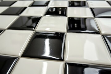 Poster - Close up view of a shiny checkered tile floor in black and white, creating a classic and timeless pattern