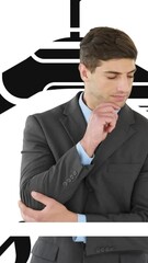 Poster - Animation of caucasian businessman thinking on white background with graffiti