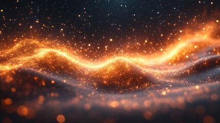 Poster - Abstract sparkling wave background with glowing particles and bokeh effect, elegant magical and festive design for holiday season