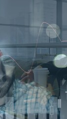 Poster - Animation of financial graphs over diverse women talking in office and caucasian male programmer