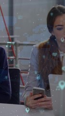 Poster - Animation of network of connections with icons over diverse female and male coworkers in office