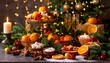 © Aw - Festive Christmas table with oranges, treats, and champagne