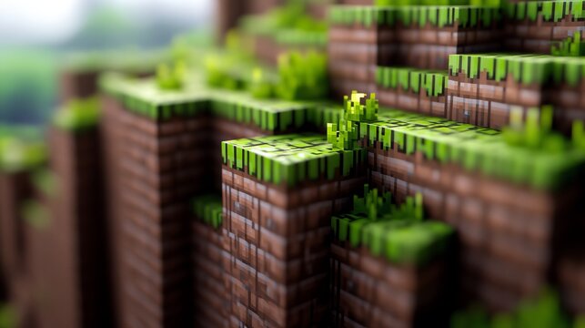Pixelated landscape depicting a hillside with brown blocks and green vegetation