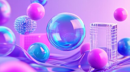 Leinwandbilder - Abstract vibrant composition with spheres and cubes in pastel colors